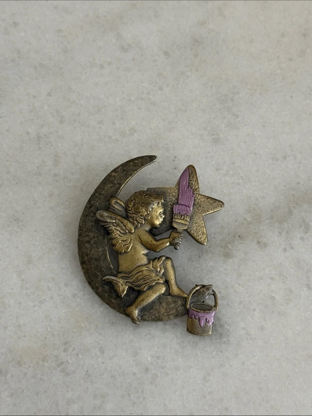 Vintage angel painting a star Jonette Jewelry brooch